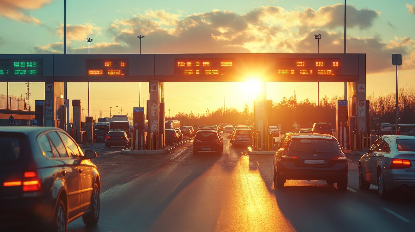 A modern toll booth on a motorway, with cars lined up and the sun setting in the background, representing the efficiency and infrastructure of road travel.